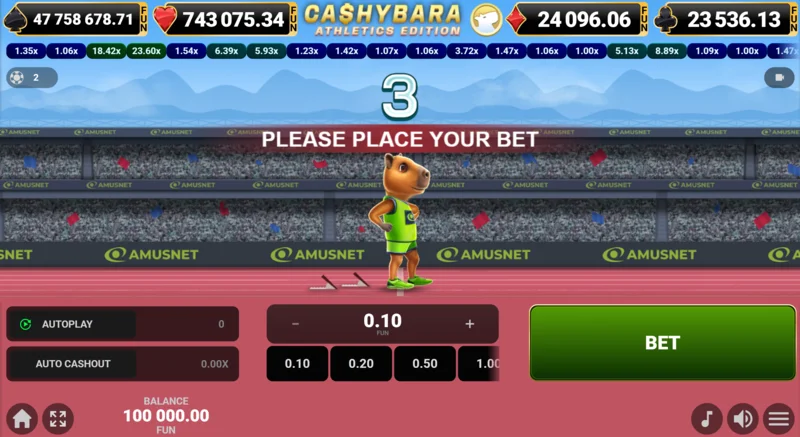 Cashybara Athletics Edition - หน้าจอหลักของการแข่งขันพร้อมตัวนับอัตราต่อรอง